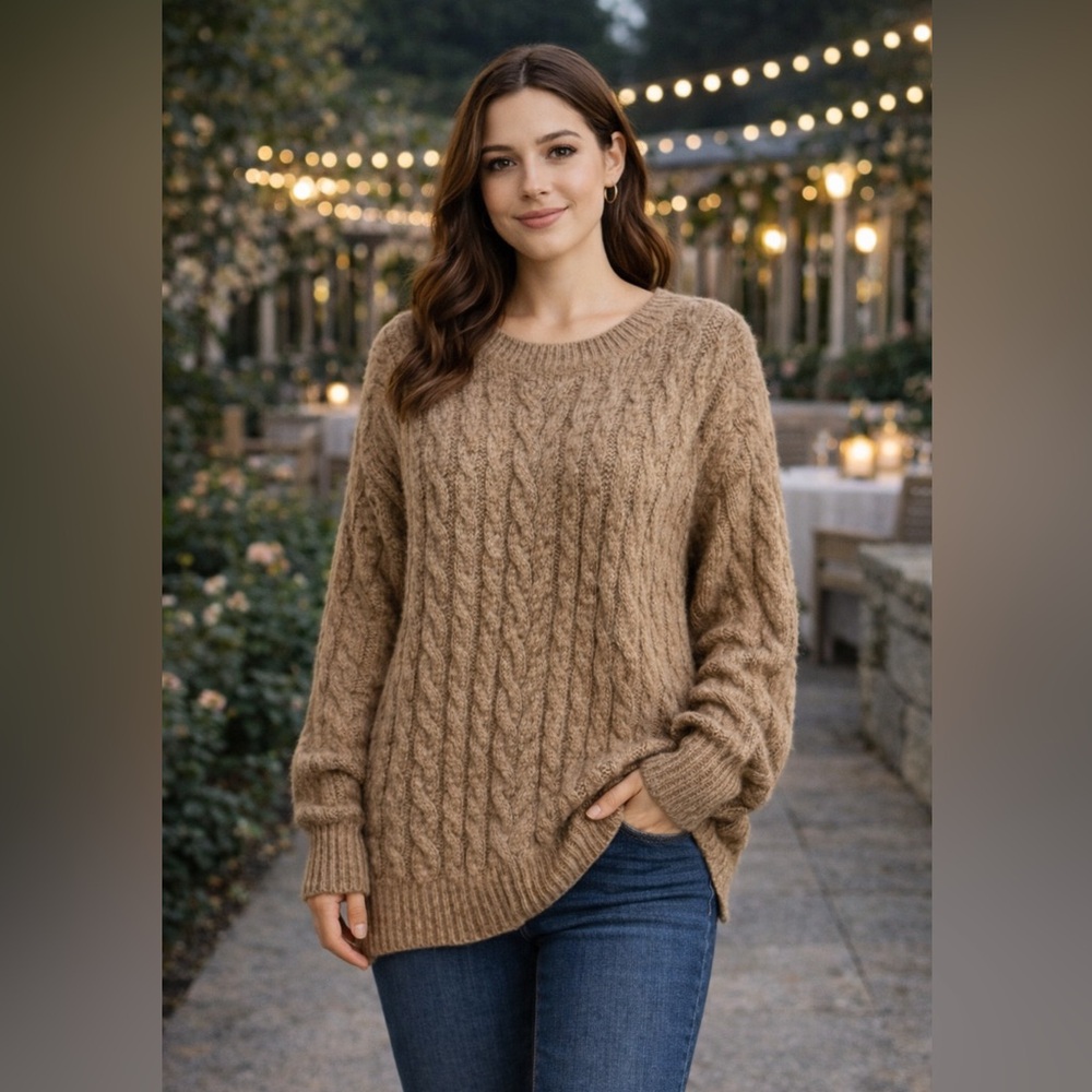 Liz Claiborne Vintage OVERSIZED Tunic Chunky Cable Knit Sweater Wool Blend